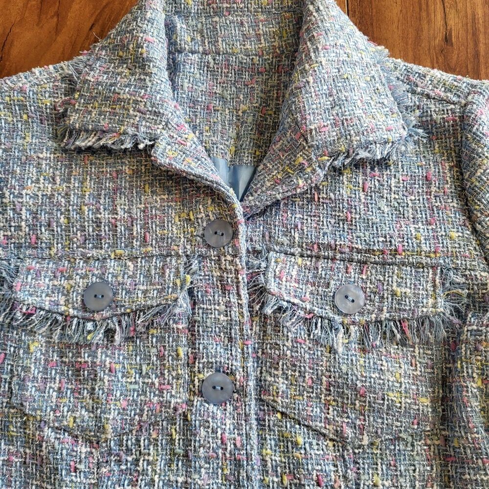 Womens Tweed Button Front Jacket Coat Blue Multi Fringe Trim Textured Chic Sm-M
